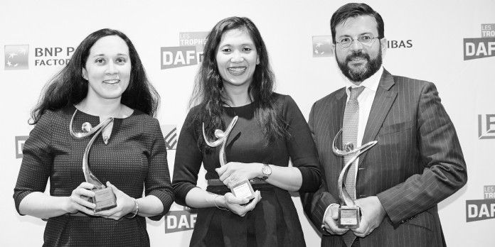 Les 3 lauréats des Trophées DAF 2017 (de gauche à droite): Estelle Leroy Savignac (Michel & Augustin), MongèTrang Sarrazin (Doctolib) et Nicolas Zanelli (Lafuma).