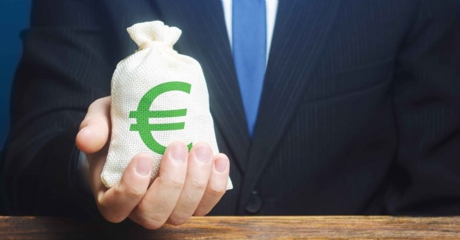 Man holds euro money bag. Granting financing business project or education. Prov