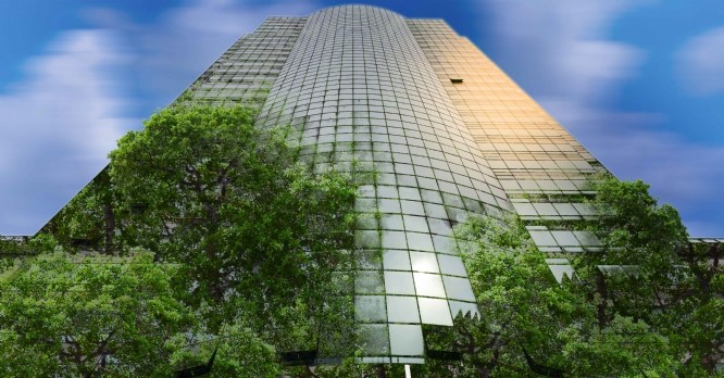 Corporate building in city plants growing Sustainability Sustainable, green ener