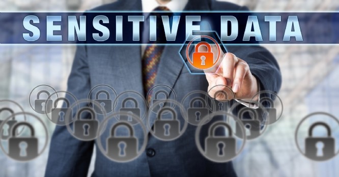 Corporate manager is pressing SENSITIVE DATA on an interactive touch screen. Inf