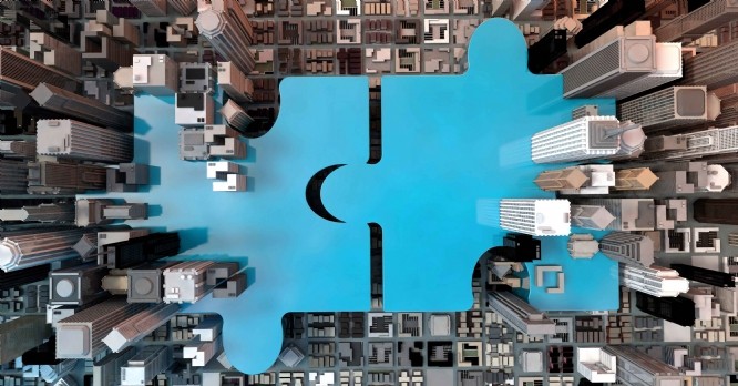 merger and acquisition business concept, join company on puzzle pieces, 3d rende